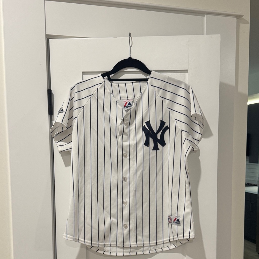 Yankees Majestic White Baseball Jersey with Navy Pinstripes